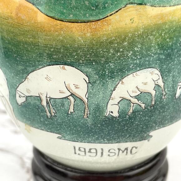 Hand Blown Glass Egg with Stand 1991 SMC in Box Religious Design Li Bien Painted - Picture 8 of 15